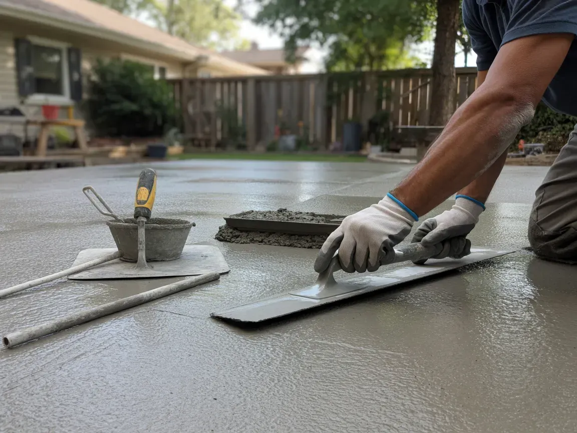 Man using a trowel to smooth wet concrete on a patio with tools nearby.