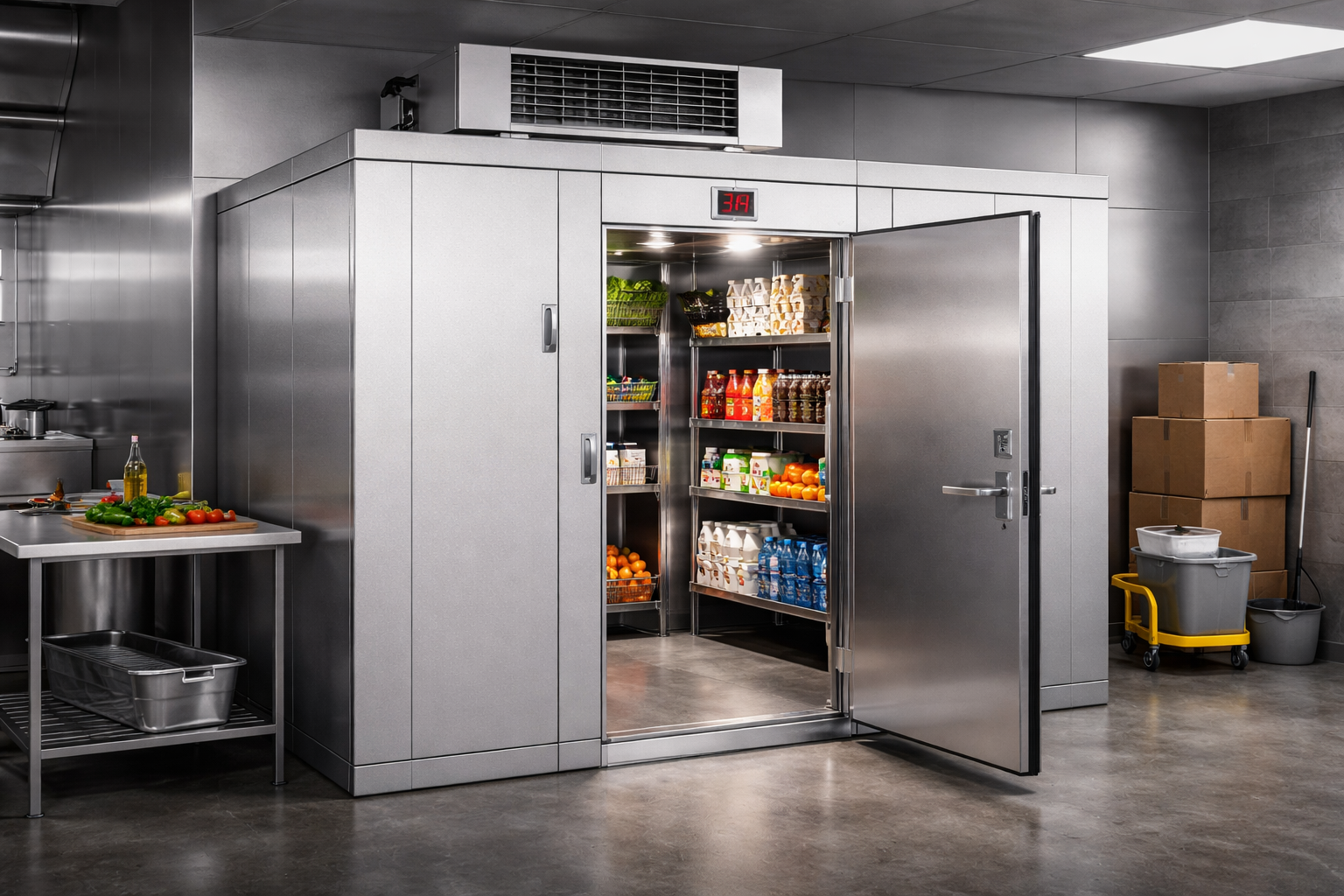 Walk-in refrigerator in a commercial kitchen with open door revealing shelves of food.