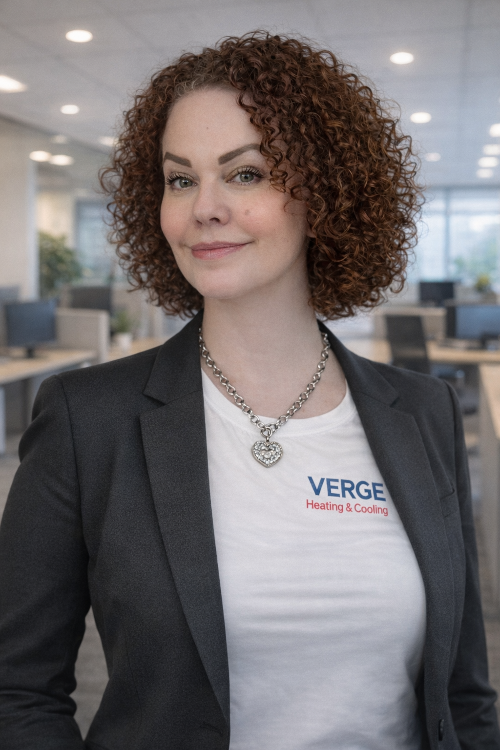 Woman with curly brown hair wearing a blazer and t-shirt, standing in an office.