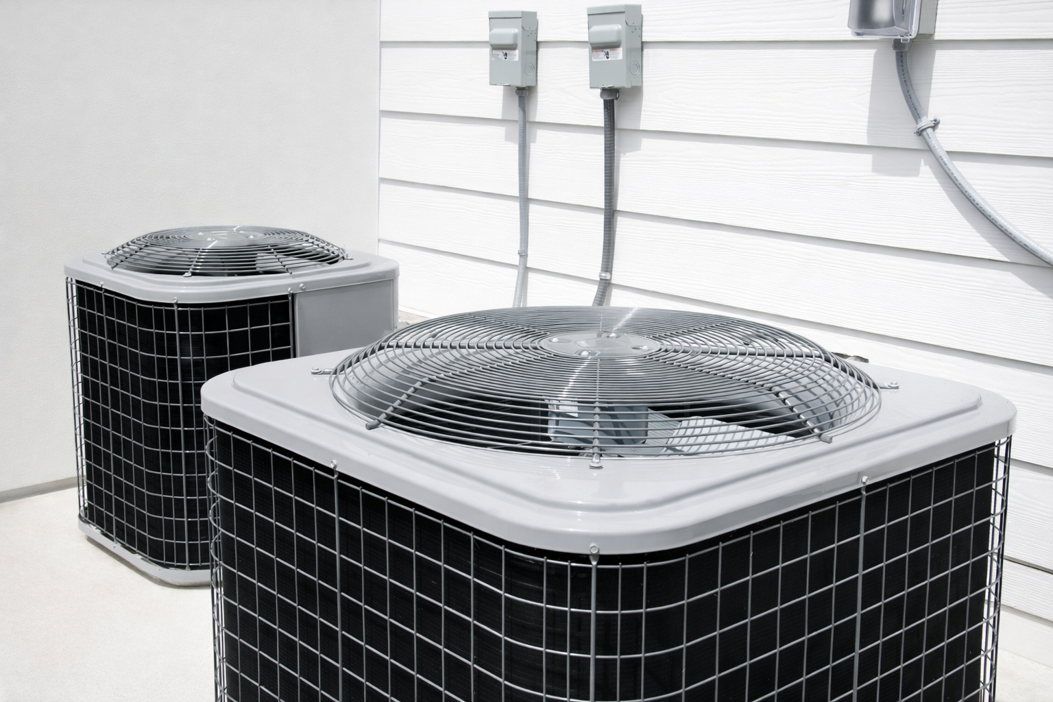 Two outdoor air conditioning units next to a white wall with electrical conduits.