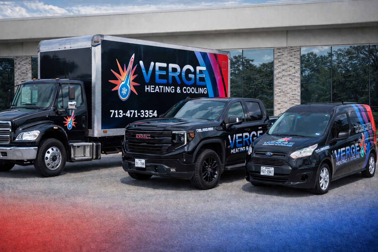 Verge Heating & Cooling vehicles: a black truck, SUV, and van parked in front of a building.
