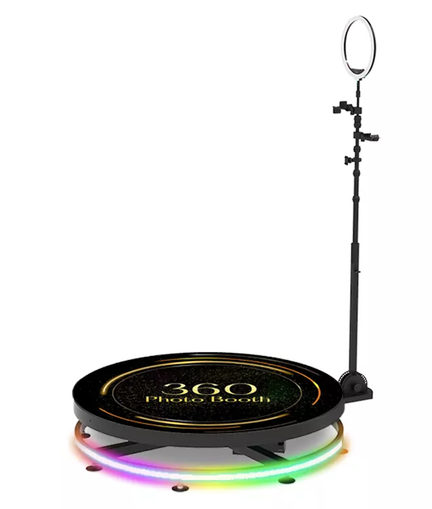 360 photo booth with a circular platform, ring light, and colorful LED lights.
