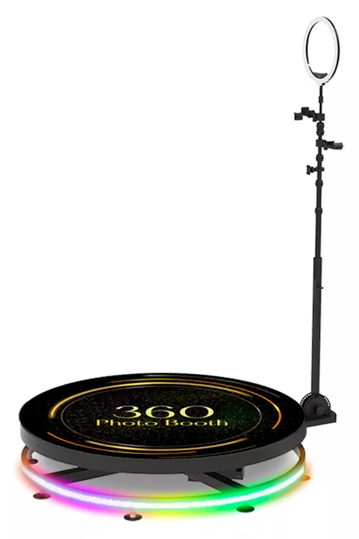 360 photo booth with a circular platform, LED lights, and a camera arm on a stand.