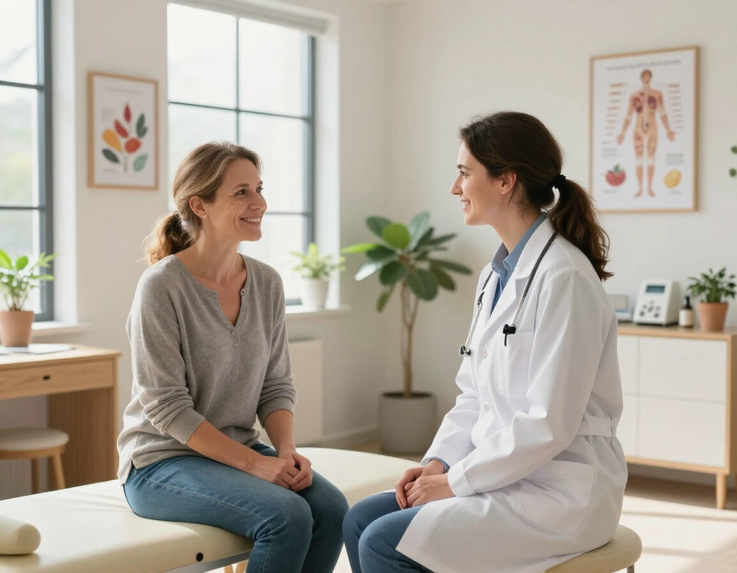 Patient and doctor talking in a bright clinic room with medical charts and plants