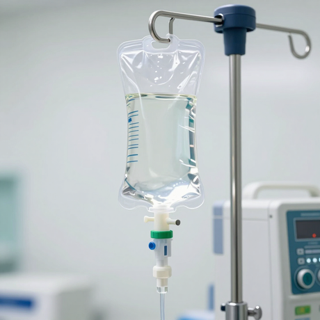 IV drip bag hanging on a hospital stand with a medical monitor in the background