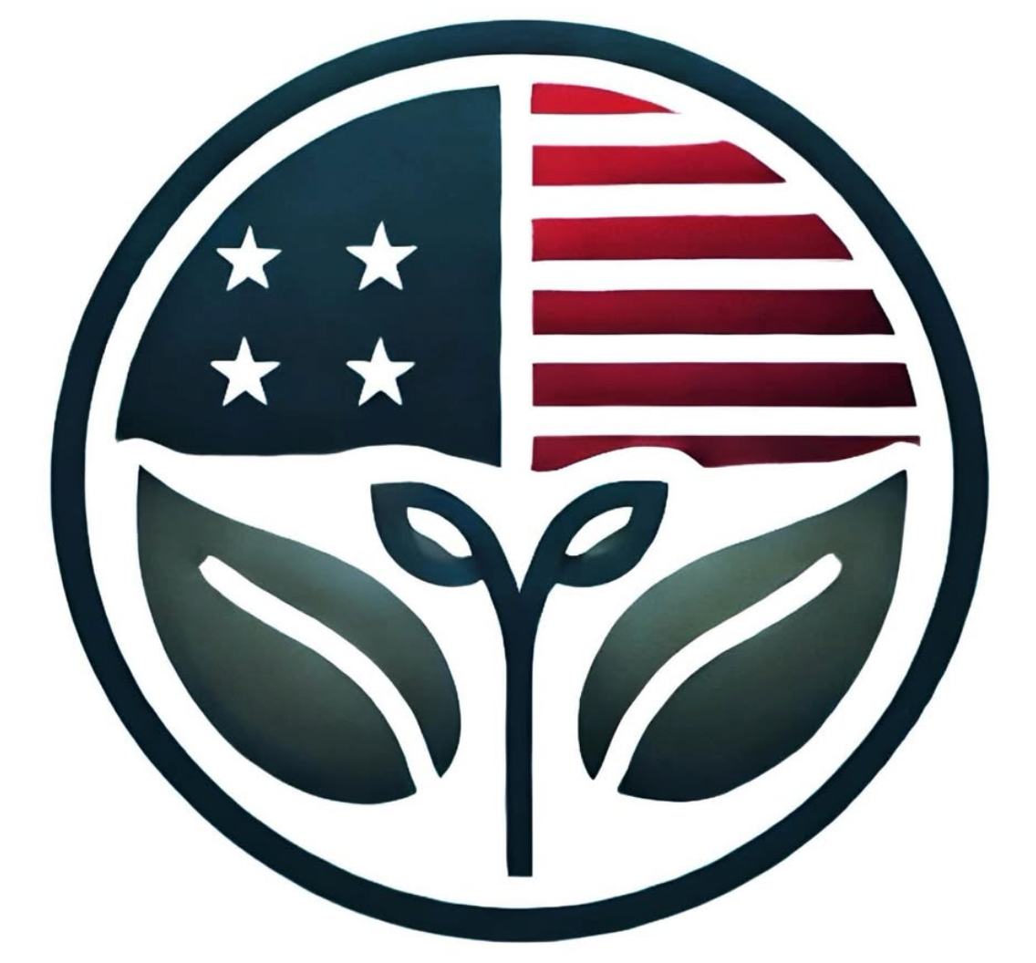 Circular eco logo with U.S. flag stars and stripes above green leaves