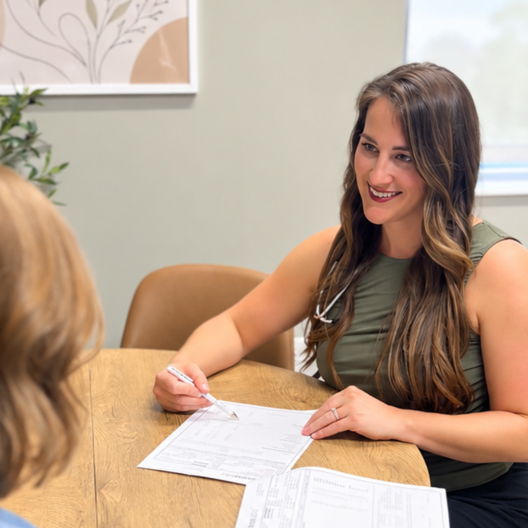 Patient and practitioner talking in a bright clinic room with medical charts and plants