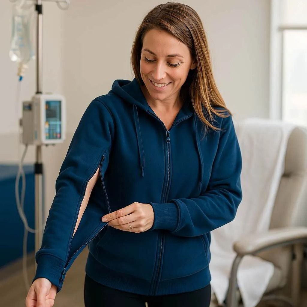 Woman in a blue hoodie using a dropper beside an IV pole in a medical room