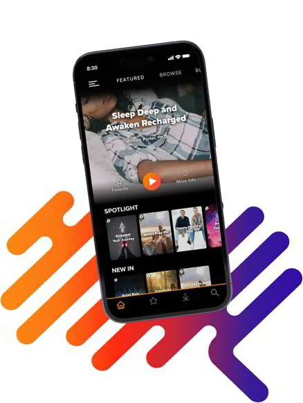 Smartphone displaying a dark music app screen over an orange and purple abstract background