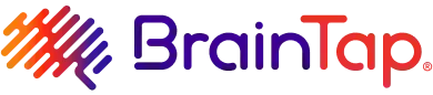 BrainTap logo with colorful diagonal bars and purple-red wordmark on a white background