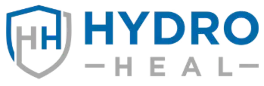 HydroHeal logo with blue shield and H-H monogram beside blue and gray text