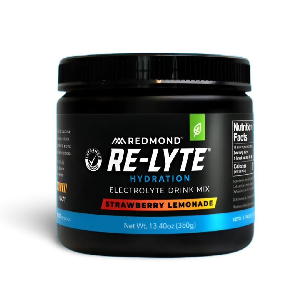 Black Redmond Re-Lyte Hydration electrolyte drink mix jar, strawberry lemonade flavor