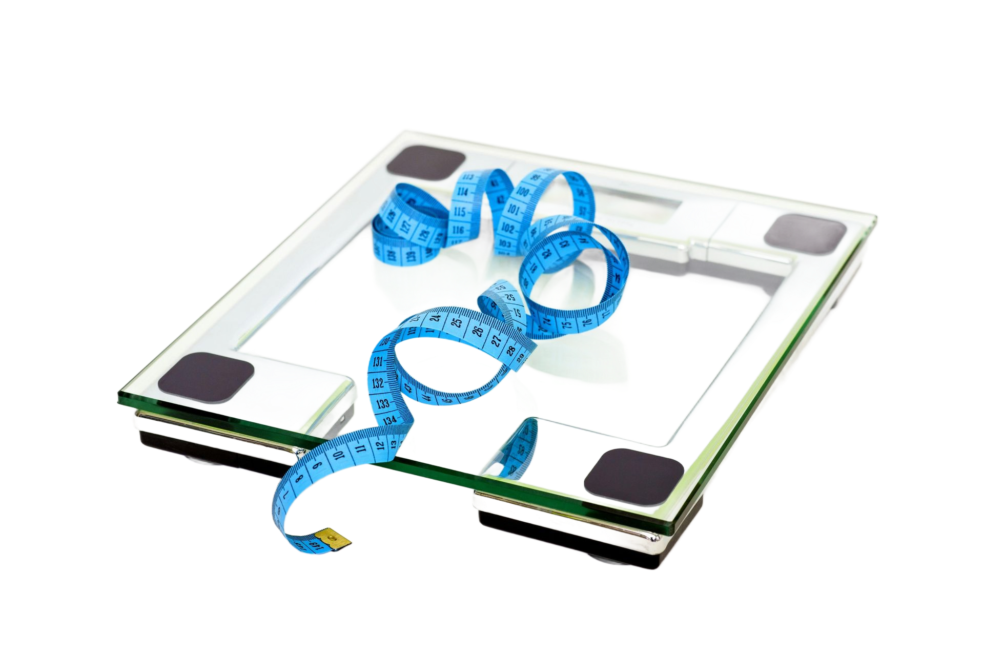 Blue measuring tape coiled on a bathroom scale with glass surface