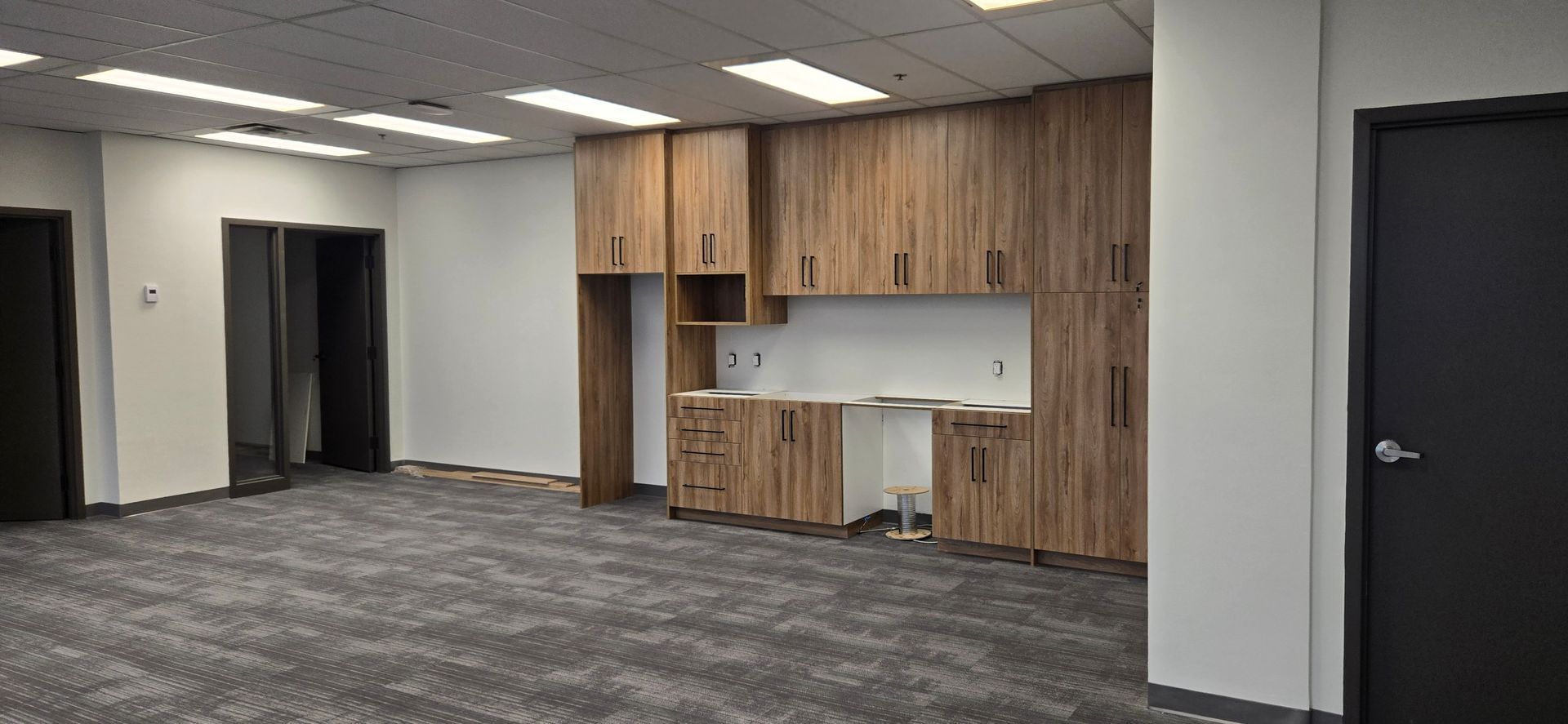 Espace de bureau vide avec moquette, murs blancs et armoires en bois le long du mur du fond