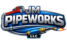 JM Pipeworks logo in yellow text on a dark blue background with a yellow border