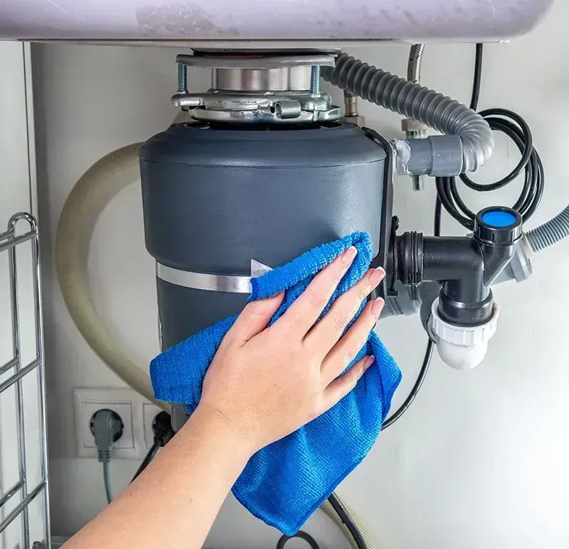 Hand wiping a black under-sink garbage disposal with a blue cloth