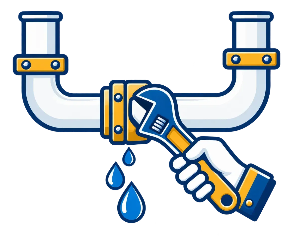 Leaking pipe being tightened with a wrench, with blue water drops dripping below.