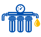 Blue water filter icon with gauge and yellow droplet, indicating purification or leak detection