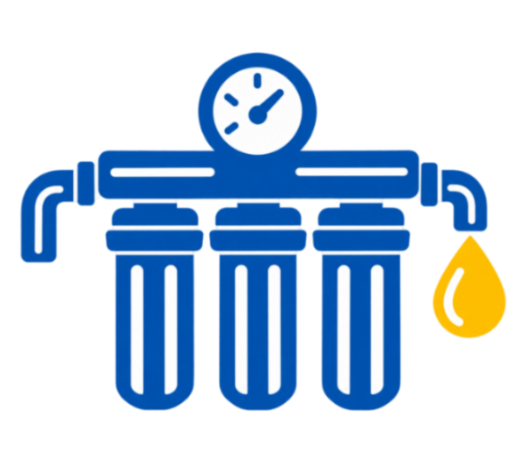 Blue water filter icon with gauge and yellow droplet, indicating purification or leak detection