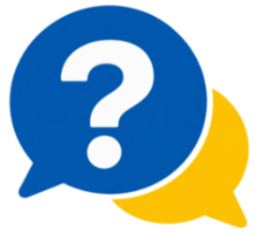 Blue and yellow speech bubbles with a white question mark icon