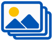 Blue stacked photo icon with white landscape, blue mountains, and yellow sun