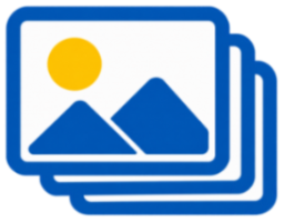 Blue stacked photo icon with white landscape, blue mountains, and yellow sun