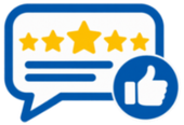Blue speech bubble with five gold stars and a thumbs-up icon, suggesting a positive review or feedback.