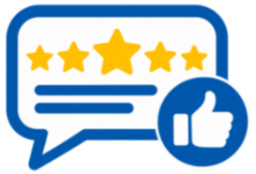 Blue speech bubble with five gold stars and a thumbs-up icon, suggesting a positive review or feedback.
