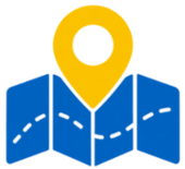 Yellow location pin over a blue folded map with a white dashed route line