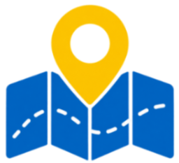 Yellow location pin over a blue folded map with a white dashed route line