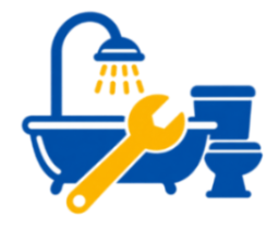 Blue bathroom plumbing icon with bathtub, shower, wrench, sink, and toilet