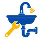 Blue sink with faucet and yellow wrench icon indicating plumbing repair.