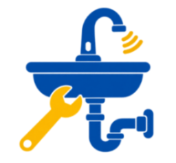 Blue sink with faucet and yellow wrench icon indicating plumbing repair.