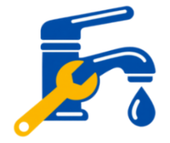 Blue faucet with yellow wrench and water droplet icon, suggesting plumbing repair or leak fix
