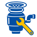 Blue plumbing drain icon with a yellow wrench and pipe fitting