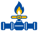 Blue and yellow gas valve with flame icon above it