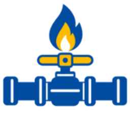 Blue and yellow gas valve with a flame icon above it