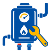 Blue boiler icon with gauge, flame symbol, and yellow wrench, suggesting maintenance or repair