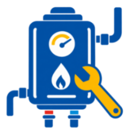 Blue boiler icon with gauge, flame symbol, and yellow wrench, suggesting maintenance or repair