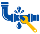 Blue leaking pipe with a yellow wrench, suggesting plumbing repair or maintenance