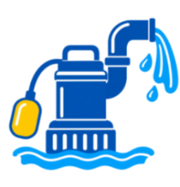 Blue water pump icon with yellow float and dripping water in blue waves