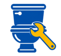Blue toilet with yellow wrench icon indicating plumbing repair or maintenance