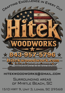 Business card for HiTEK Woodworks with name, contact, and address. Green background and leaf design.