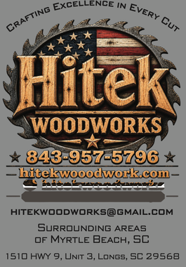 Business card for HiTEK Woodworks with name, contact, and email. Green and gold colors.