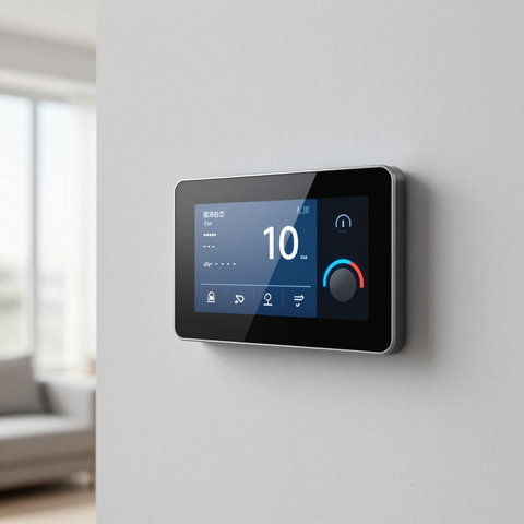 Smart thermostat with blue digital display mounted on a gray wall in a modern room