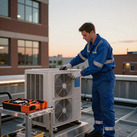 Technician in blue coveralls servicing rooftop HVAC unit beside orange tool case at sunset