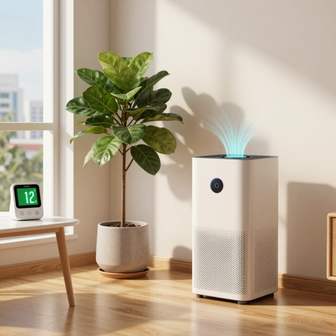 Modern air purifier with blue glow beside a potted plant in a bright room