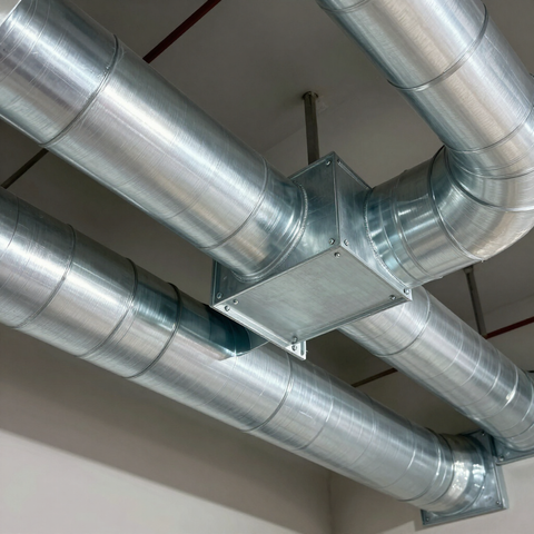 Silver HVAC ducts and vents on a ceiling in an industrial interior