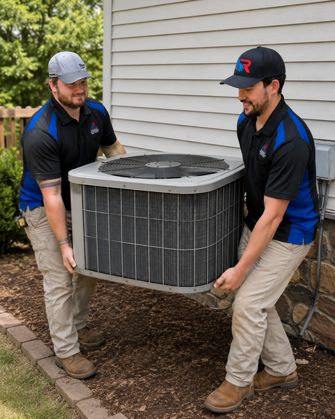 Two HVAC technicians carrying a large outdoor air conditioner unit beside a house