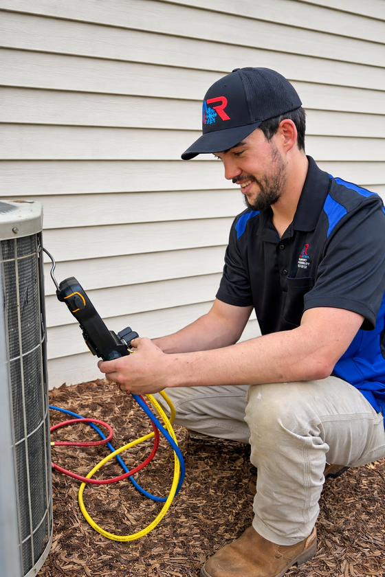 Technician kneeling beside a house, handling a black hose with colorful lines attached, wearing a cap and work vest